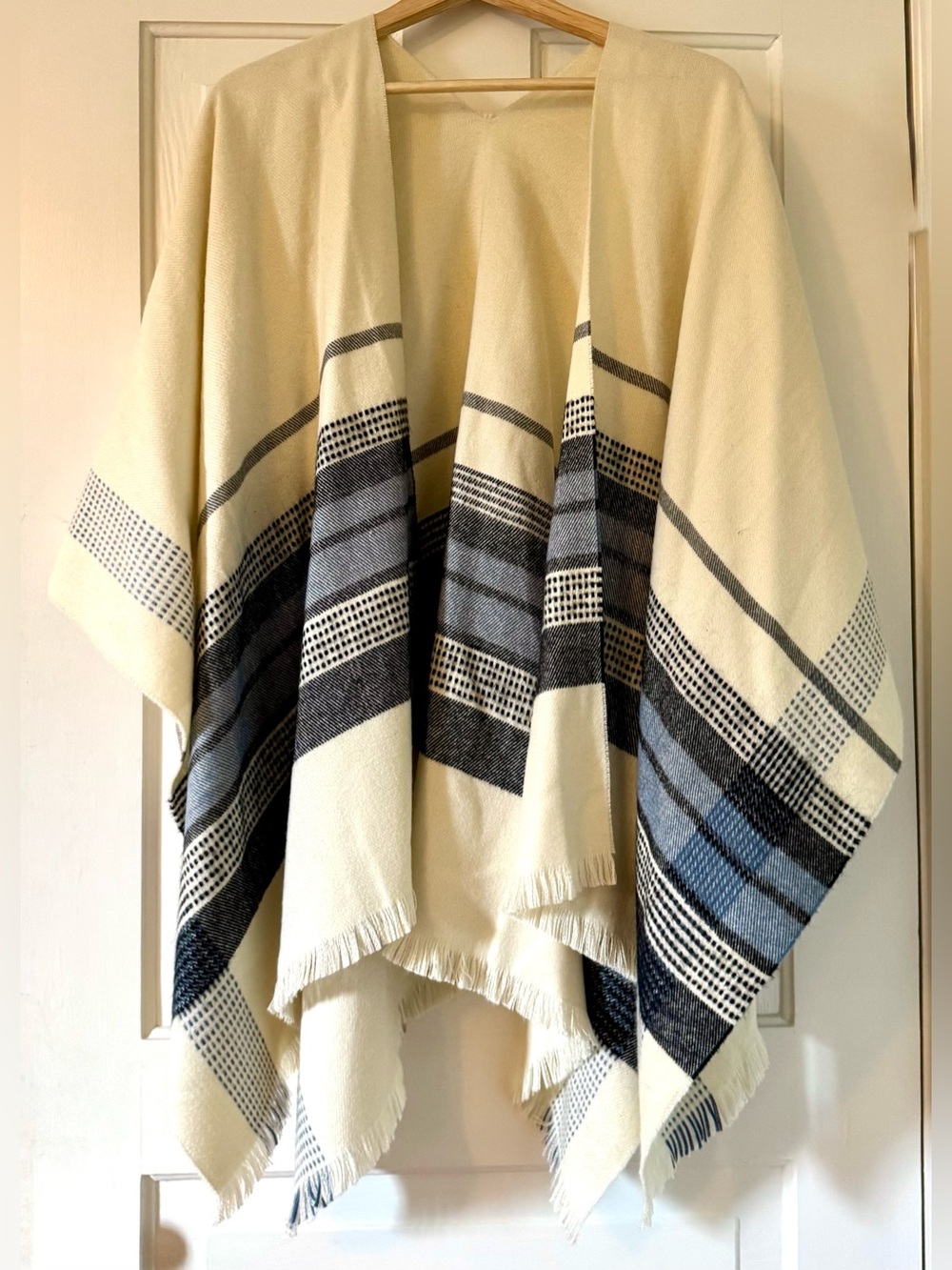 Cream, Blue, and Gray Plaid Fringe Wrap
